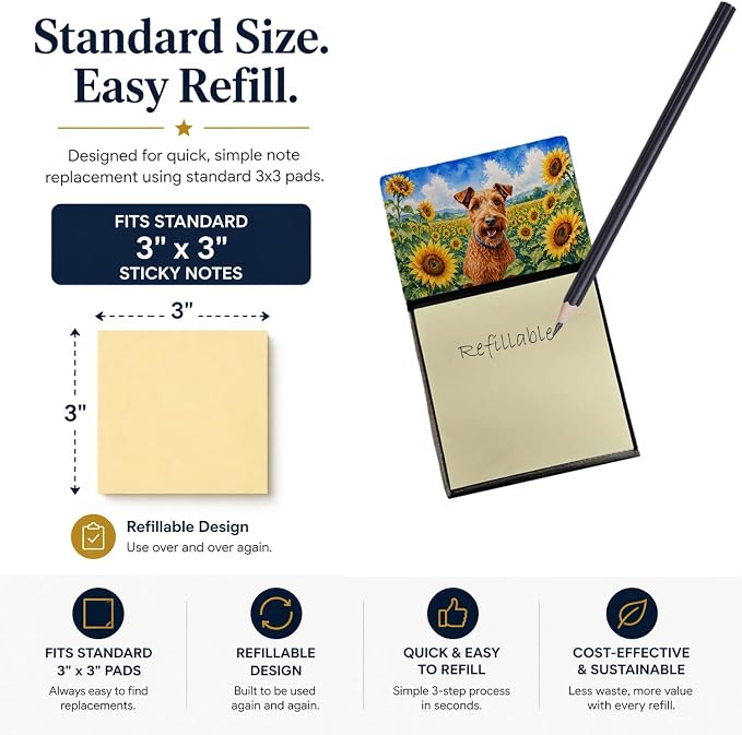 Caroline's Treasures Irish Terrier in Sunflowers Watercolor Sticky Note Holder Refillable Dispenser Desk Accessory 3x3 Pad Gift