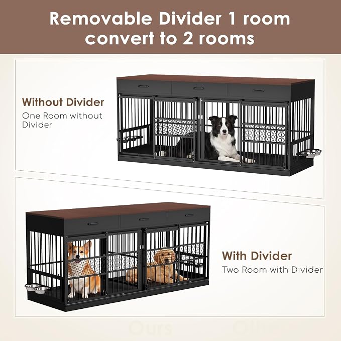 78.7" Extra Large Dog Crate Furniture TV Stand w/ 3 Drawers for 2 Dog | 2-in-1 crate & TV stand w/ removable divider. 3 drawers. 360° steel bowls. Heavy-duty, chew-proof. Fits large breeds.