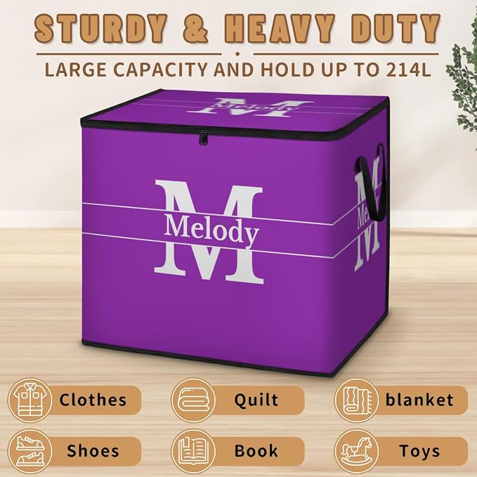 Custom Storage Baskets Cubes for Home with Name, Purple Large Foldable Organizer Collapsible Storage Bins with Initial Letter for Home Blanket Comforters Clothes Closet Nursery