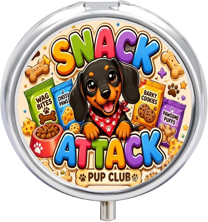 Snack Pup Party Fun Round Pill Box with 3 Compartments, Portable Travel Pill Organizer with Spring Snap Closure for Vitamins Supplements Fish Oil