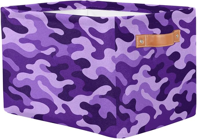 Pardick Camo Basket Storage Bins Rectangle Canvas Basket Cube Storage Box | Nursery Foldable Basket with Handle for Kids Girls Boys Toys Living Room Closet Organizer Shelf Gifts Camouflage Purple