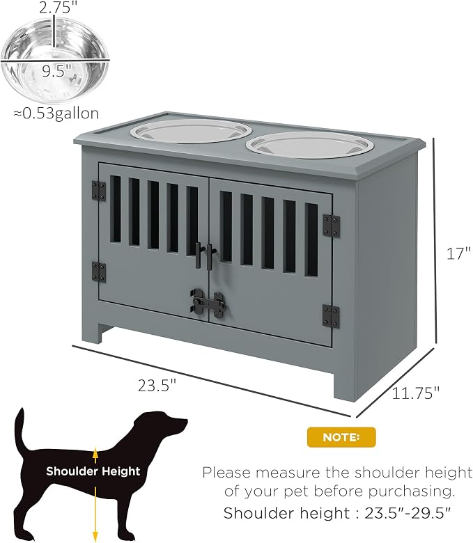 Dog Feeding Station with Storage, 2 Stainless Steel Bowls, Gray, Elevated Dog Bowl Holder, Dog Feeder Stand, Wooden Dog Food Organizer for Indoor, Dog Food Storage Cabinet
