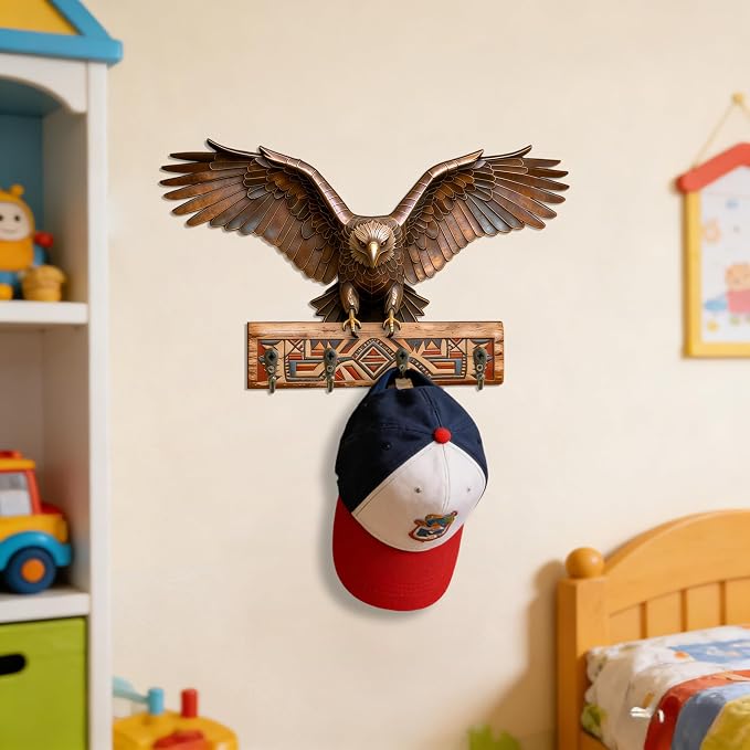 Goodangie00 Wooden Wall Art Decor with 4 Rustic Hooks, Eagle Treasure Chest Design Key Holder Wall Mount Hanger for Bag, Towel, Backpack, Clothes, Collars, Leashes, Bathroom, Kitchen
