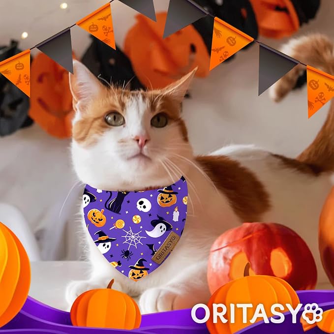 Halloween Dog Bandanas, Purple Ghost 2-Pack Triangle Reversible Pet Scarves, Premium Fabric, Orange Pumpkin Black Cats Bandana for All Boys Girls Dogs (Large, Style 2)