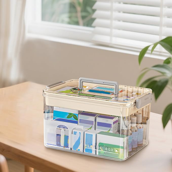 Medicine Storage Box with Handle Medicine Organiser First Aid Organizer Portable Medication Organizer Emergency Supplies Container for Home (Clear)