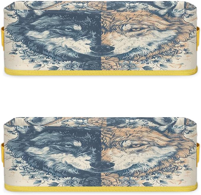 Wolf Fierce Flowers Bathroom Storage Basket, Foldable with Handle Open Countertop Paper Towel Decorative Box, Toilet Tank Top Shelf Baskets for Home Closet Bedroom Living Room Office