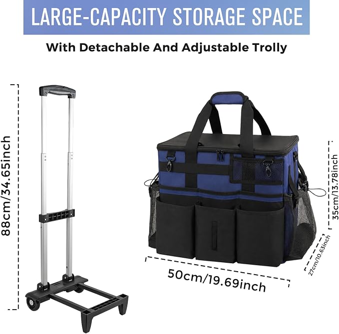 SCAVATA Rolling Cleaning Caddy Bag with Detachable Trolley, Large Cleaning Supplies Organizer with Wheels, Multi-Pocket Cleaning Cart with Adjustable Shoulder Strap for Housekeepers (NavyBlue)
