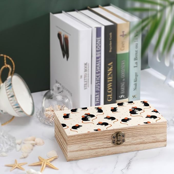Wooden Keepsake Box for Memories Decorative Memory Boxes with Lid, Cute Rat | Gift Crafts Organizer, Wood Storage Container, Party Favor Decor, 9.2"x5.5"x3.9"
