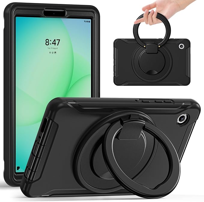 Heavy Duty Shockproof Case for Samsung Galaxy Tab A11 8.7 Inch 2025 (Model: SM-X133/X135/X135F) - with 360° Rotating Stand Handle, Built-in Screen Protector,Kid-Friendly Protective Cover (Black)