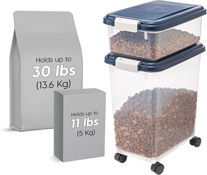 IRIS USA Dog Food Storage Container, Up to 30+11 lbs, Navy, Made in USA | Wheels for Mobility, Airtight Seal, BPA-Free, Best for Bird Seed, Cat food, Cat Litter, Chicken Feed, Pellets