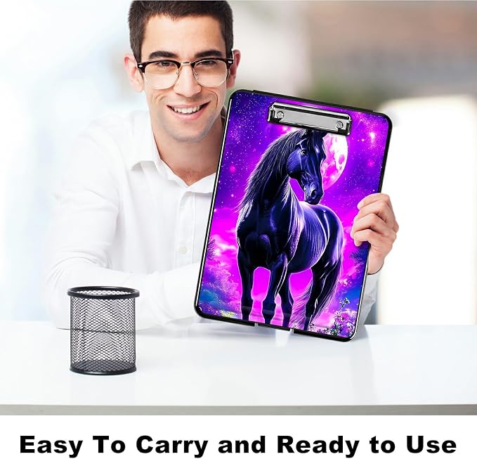 Heavy Duty Storage Clipboard, Slim Nursing Clipboard with Internal Pen Case, Portable File Organizer Case for A4 Letter Size Paper Office Medical Professionals, Purple Black Horse