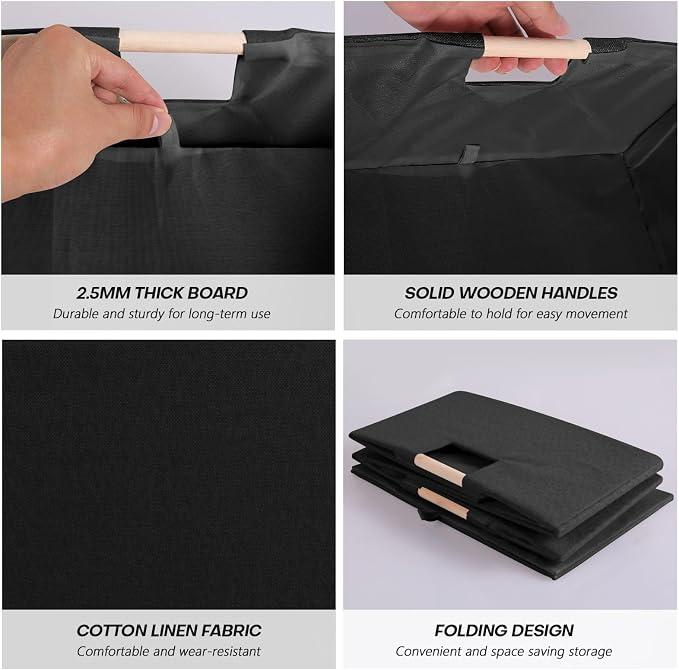Fabric Storage Box, 13x9in Foldable Cotton Linen Basket with Wooden Handle | Small Rectangular Cube Decorative Home Laundry Organizer Clothes Blanket Container Organizing Clothes Sheets Jeans, Black