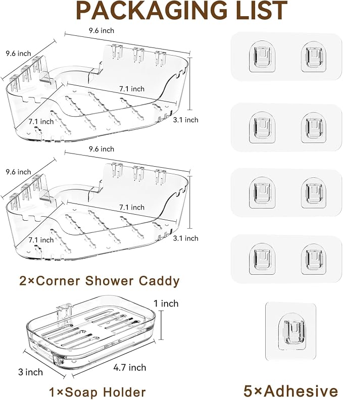 Corner Shower Caddy 3 Pack Clear Acrylic Bathroom Organizer Caddy | Large Capacity, Corner Shower Shelves with Soap Holder and Hooks, Waterproof and Rustproof, Multiple Drainage Holes