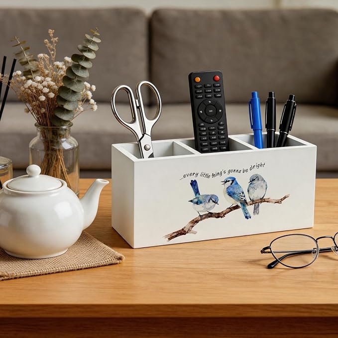 Inspirational Birds Pen Holder - Rustic Farmhouse Bird Lover Gifts Desk Decor Wooden Box Sign, Every Little Thing Is Gonna Be Alright Desk Accessories Decor