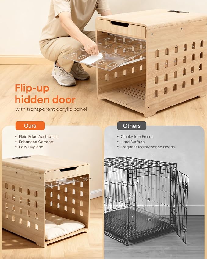 Upgraded Modern Dog Crate Furniture with Charging Station Medium Kennel Indoor with Flip-up Hidden Acrylic Door for Small and Medium Breeds up to 50lb Wood Pet End Side Table Cage, Oak