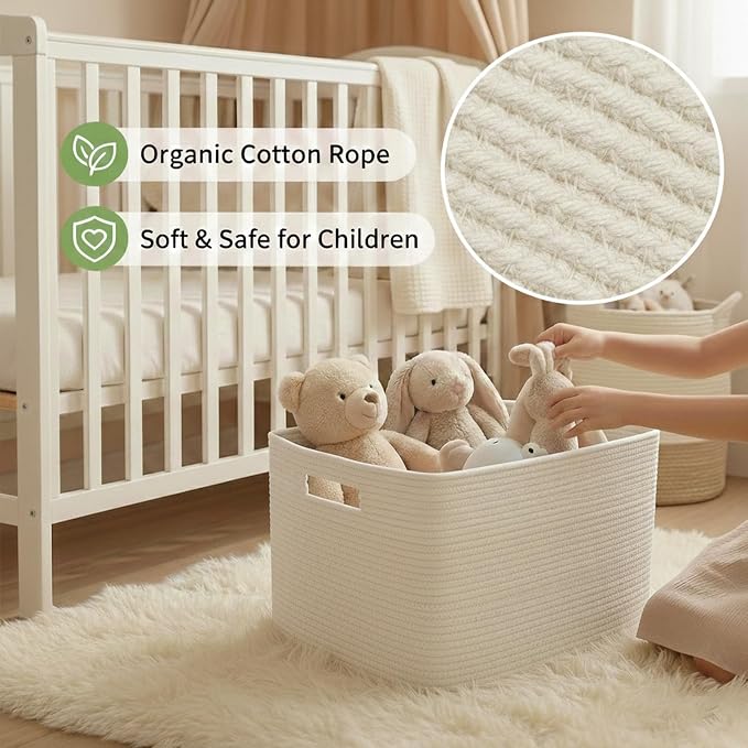 JMvicyroam 65L Large Woven Cotton Rope Blanket Basket, White | Blanket storage for living room or bedroom use, Freestanding with reinforced handles, Entire basket is machine washable