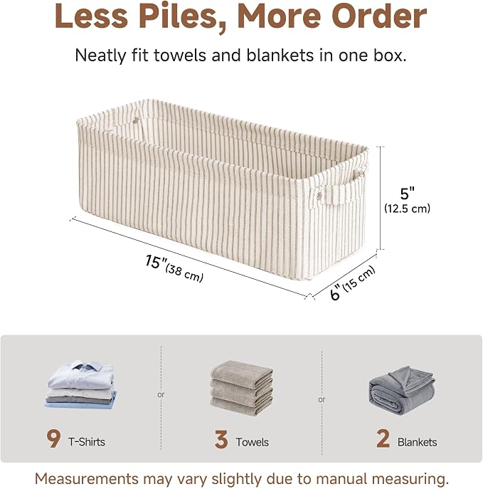 StorageWorks Fabric Narrow Storage Bins, Khaki and Beige Stripes, 2-Pack | With Metal Frame, Sturdy Structure, Reinforced Handles, Toilet Paper Storage, Small Baskets for Bathroom, Closet, Shelf