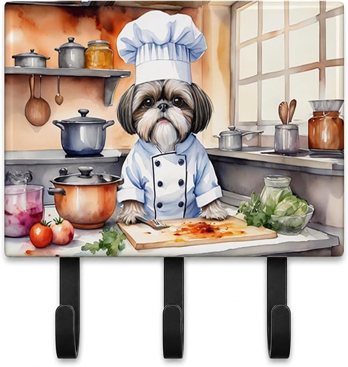 Caroline's Treasures Shih Tzu The Chef Leash or Key Holder Wall Hooks, Key Hooks Holder, Coat Rack Wall Mount, Coat Hooks, Hooks for Hanging Keys, Towels, Aprons, Leashes | Shih Tzu The Chef artwork on ceramic tile with three steel hooks for keys, leas...