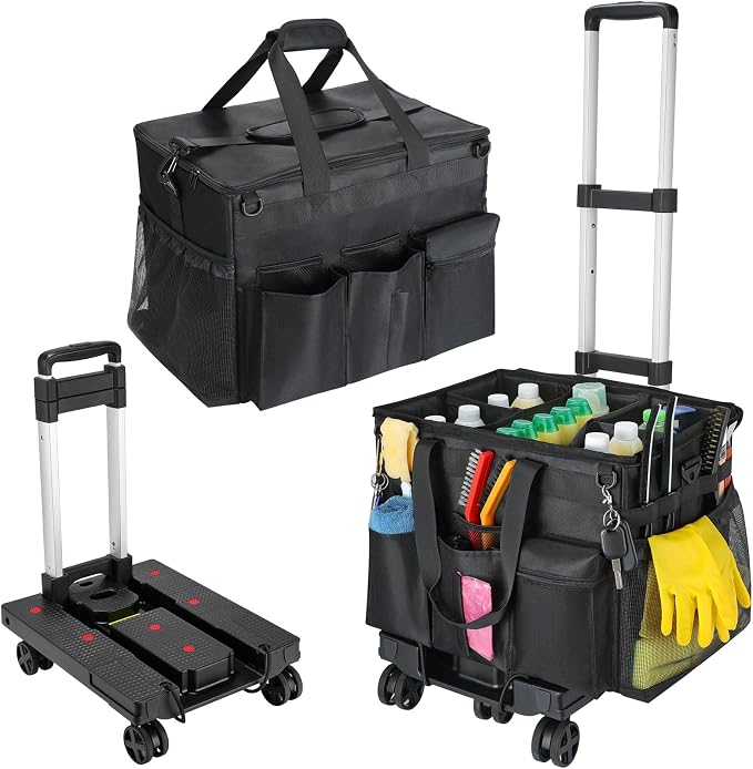 Housolution Extra Large Rolling Cleaning Caddy Bag with Wheels, Black | Upgrade 360° Free Rotating, Detachable Trolley & Dust-Proof Lid, High load Bearing & Waterproof