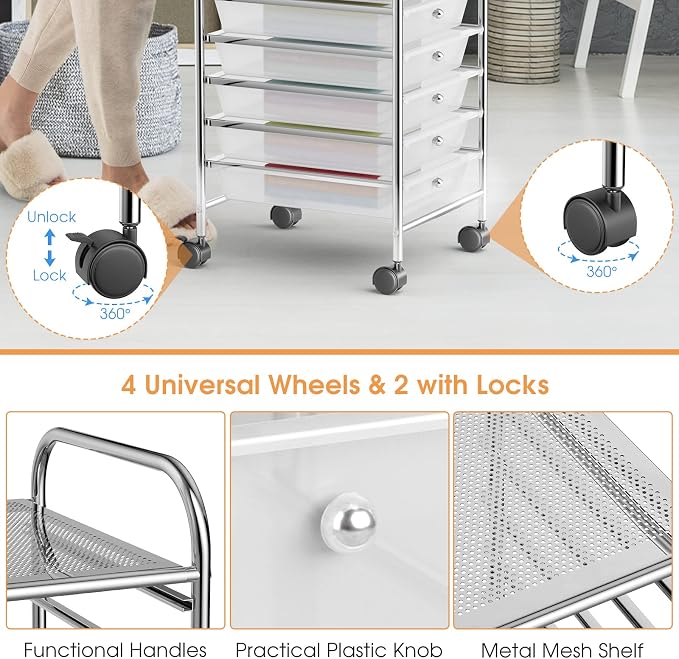 10 Drawer Rolling Storage Cart, Organization Cart with Drawers for Craft Makeup Paper Tool Art Supply, Versatile Utility Cart on Wheels for Home Office Classroom School (Clear)