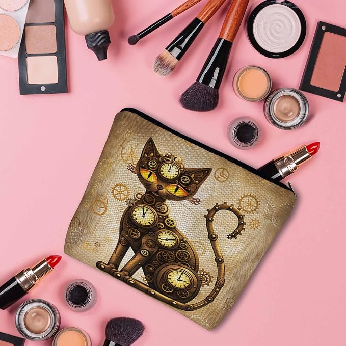 Steampunk Cat Makeup Organizer Bag Cosmetic Bag For Men Women, Brown Gearwheel Clock Steampunk Cat Travel Toiletry Bag Flax Makeup Bags Purse Business Makeup Pouch For Toiletries Cosmetics