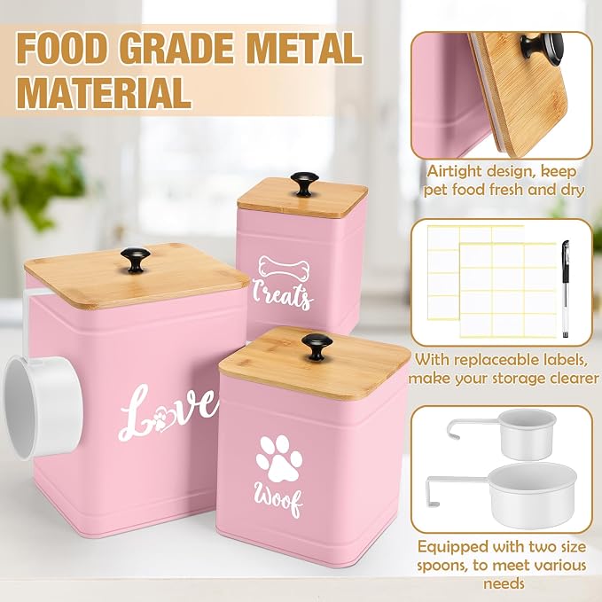 Jingmore Metal Dog Treat Containers Set of 3 with Bamboo Lids and Spoon Airtight 7+3+2 lbs Dog Food Snack Jars with DIY Labels Big Pet Cookie Storage Jar for Kitchen Counter (Pink,Funny)