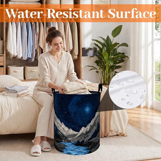 Starry Night Mountain Laundry Basket, Abstract River Oxford Cloth Dirty Clothes Collapsible Hamper for Room Decor, Nature Gifts, Toy Organizer 19.7 x 15.7 Inches for Bedroom Bathroom Dorm