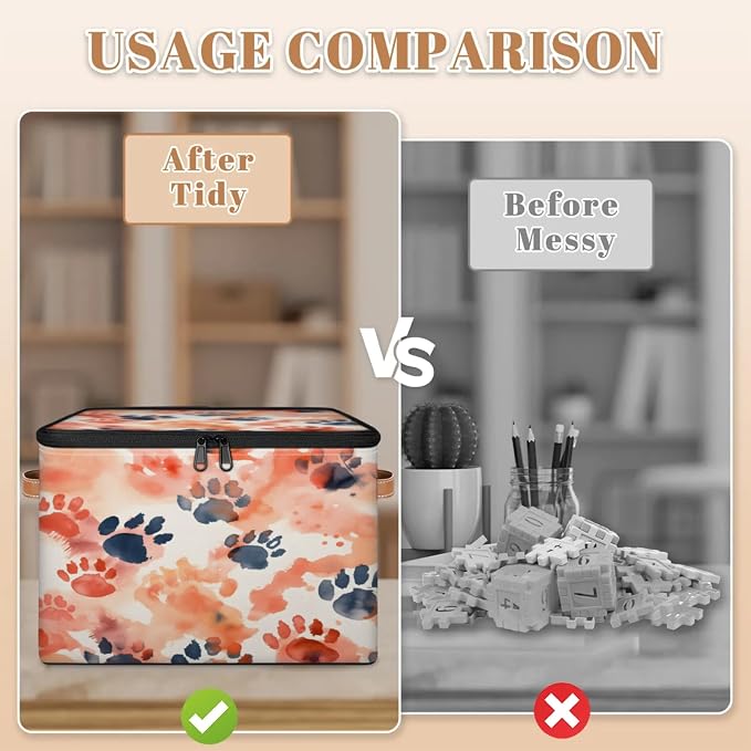 Storage Bins Animal Paw Print Storage Basket with Zipper Lid & Handle Foldable Storage Box Storage Cube Bin Clothes Organizer for Closet, Bedroom