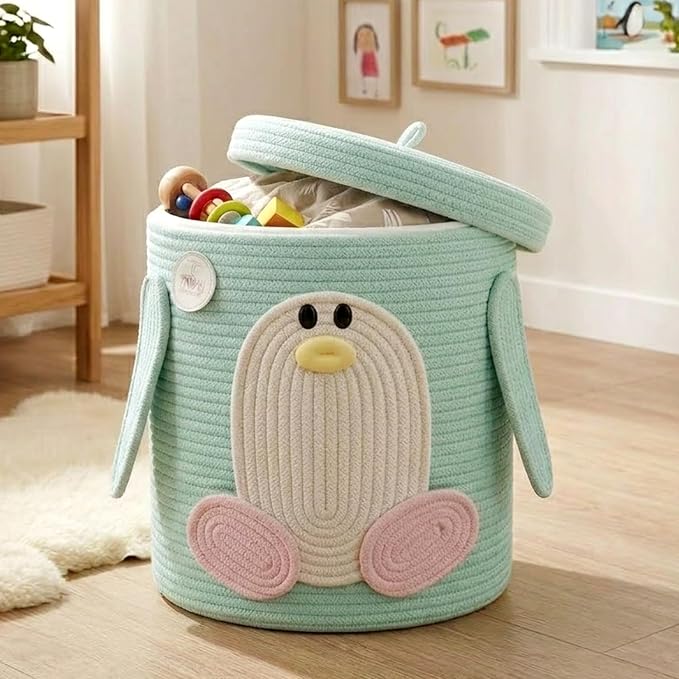 Storage Basket with Lid, Collapsible Woven Cotton Rope Basket, Penguin Design, Foldable Bin with Cutout Handles, Washable Organizer for Laundry, Blankets, Clothes, Books, & Home Organization (Penguin)