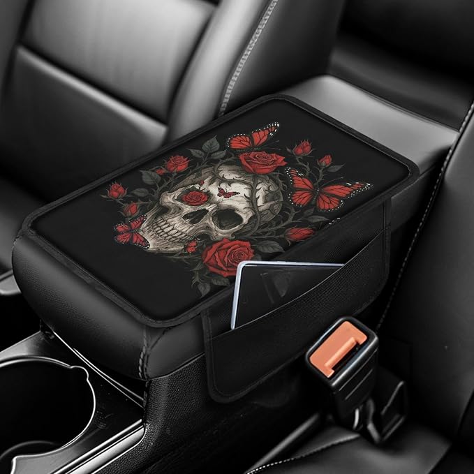 Howilath Butterfly Skull Console Cover for Car Armrest with Storage Pocket | Red Rose Easy Stretch-On, No Tools, Washable, with Side Pockets for Phones and Keys, Fits Most Vehicles