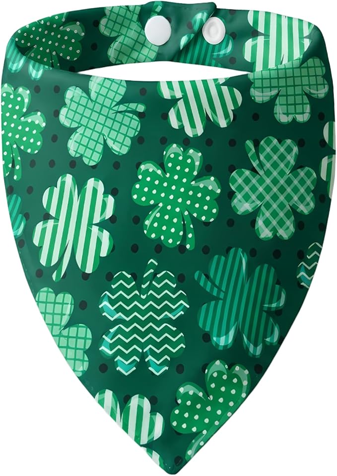 Dog Bandanas for St. Patricks Day - Big Clover Dark Green Polka Dot Base, Pet Scarf with Snap Button Cute Lucky Holiday Costumes for Irish Festivals, Large & Giant Breeds (75lbs+)