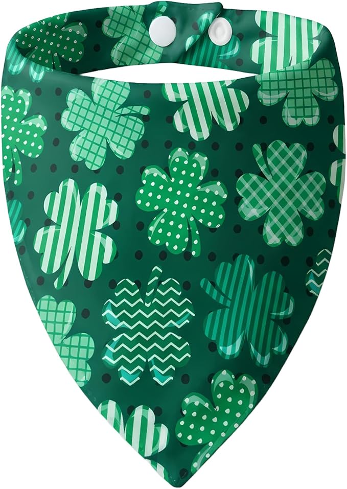Dog Bandanas for St. Patricks Day - Big Clover Dark Green Polka Dot Base, Pet Scarf with Snap Button Cute Lucky Holiday Costumes for Irish Festivals, Medium & Large Breeds (30-75lbs)