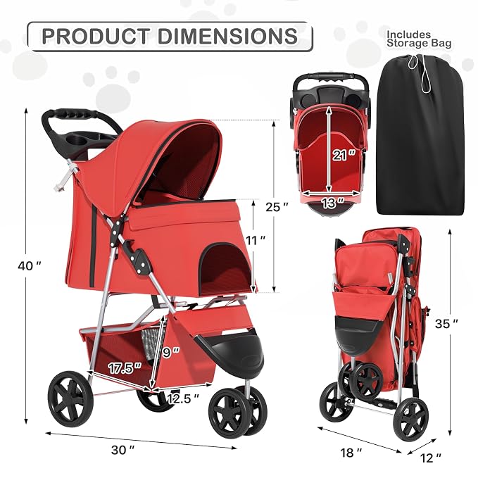 MoNiBloom Pet Stroller for Small/Medium Dogs and Cats up to 33 lbs, Red | Foldable Dog Stroller 3 Wheels Pet Strolling Cart w/ Storage Basket Cup Holder, Breathable and Visible Mesh for All-Season
