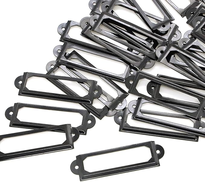 50 Pcs Label Holders Library File Drawer Tags Label Holder Metal Frame Name Card Frame for Drawer Cabinet (Black)