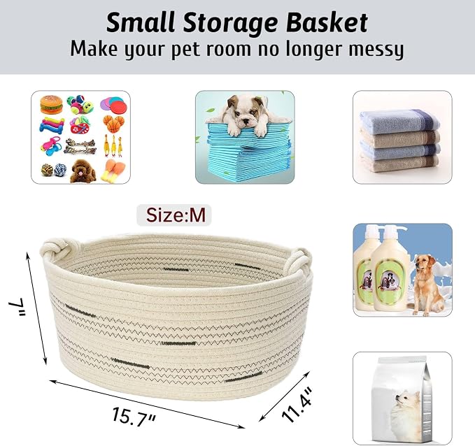 Fhiny Cotton Rope Dog Toy Basket with Handle Puppy Toys Storage Bin Small Woven Rectangle Diapers Pet Kitty Bed Perfect for Carry Pet Chew Toys Blankets Leashes Doggie Stuff - Beige M