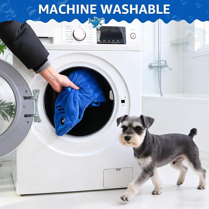 SCENEREAL Dog Bathrobe Fast Drying Towel Microfiber Dog Towel Robe with Hook and Loop Closure & Wrap Tie Snuggle, Super Absorbent Pet Cat Dog Bath Robe Drying Coat, Shark Hood XL