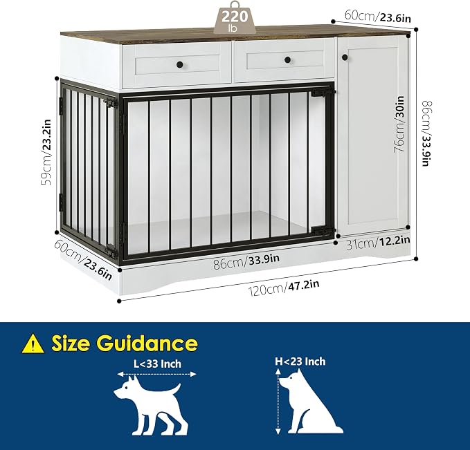 Garvee 47" Farmhouse White Dog Crate Furniture Modern Dog Kennel End Table | with Double Doors, 2 Drawers & Storage Cabinet End Table, TV Stand & Buffet Cabinet for Pet Small Medium Dogs