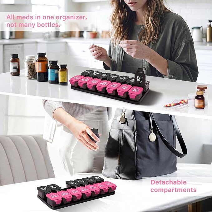 Yaklim Extra Large Weekly Pill Organizer, Detachable 7 Day AM PM Pill Box | XXL 14 Detachable AM PM Compartments；For Big Vitamins & Supplements； Easy to Open & Fill； Waterproof Seals； Easy Readability