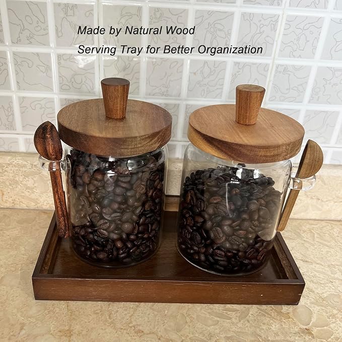 Glass Jars with Brown Wooden Lids and Scoops 20oz 2Pack with Tray, Airtight Food Storage Containers with Tray for Sugar Coffee Bean Candy Spice