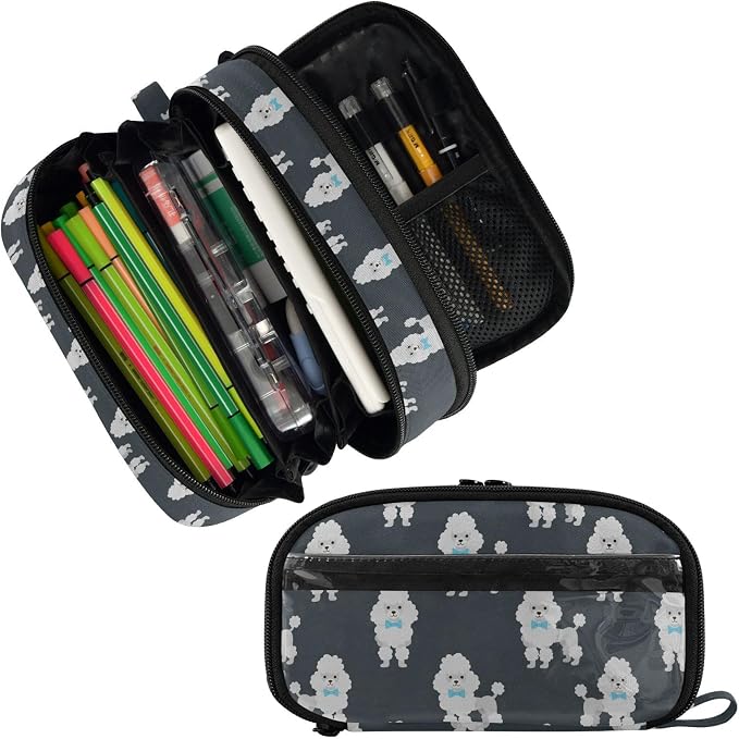 Cute Pets Poodle Black pattern Large Capacity Pencil Case with Zipper Water Resistant Portable Organizer Pen Bag for School Office Students