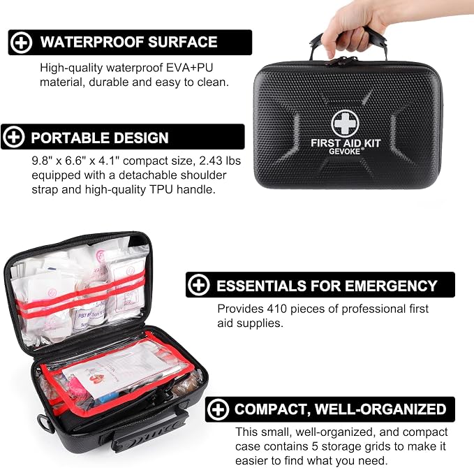 Gevoke 410 Piece Waterproof Hard Shell First Aid Kit, Black | For Home, Car, Travel, Camping, Truck, Hiking, Sports, Office, Vehicle & Outdoor, Emergency Medical Kits