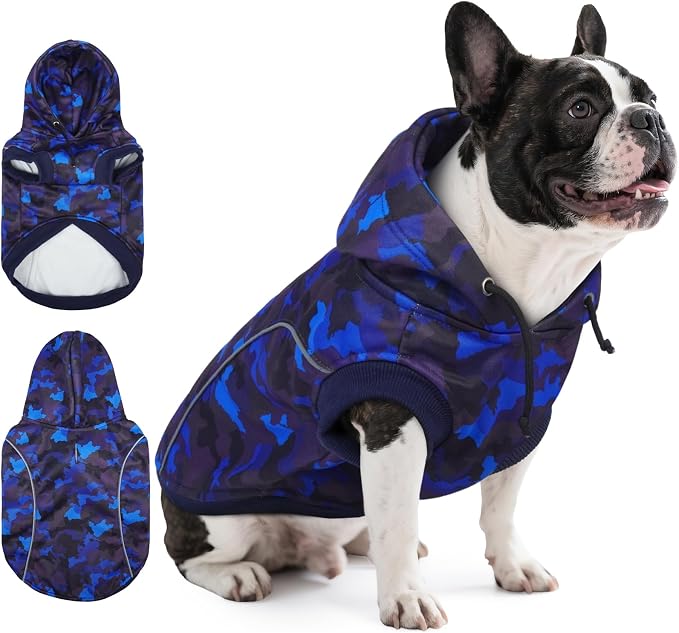 IECOii Camo Dog Hoodie Fleece Lined Dog Sweatshirt Pullover with Leash Hole and Reflective Stripes, Windproof Warm Hoodie for Small Dogs Girl Boy, Fall Winter Outdoor Pet Hoodies, Blue Camo, M