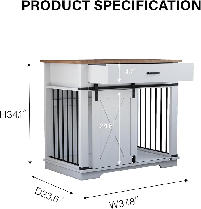37.8'' Dog Crate Furniture with Storage Drawer, Decorative Wooden Dog Kennel with Sliding Barn Door, Indoor Water Resistant Cage for Pet, Small, Medium, Large Dog (White)