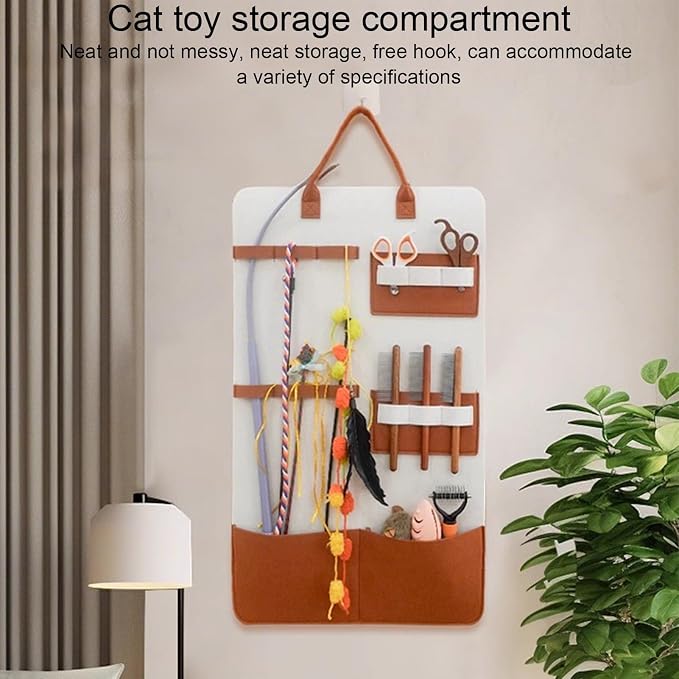 Cat Toy Storage Hanging Bag, Wall Storage Bag with Pockets, Cat Accessories Organizer Wand Toy Holder for Indoor Cats