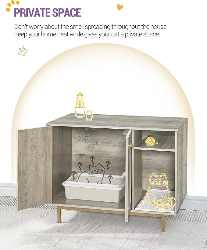 Hzuaneri Cat Litter Box Enclosure, Hidden Litter Box Furniture with Storage | Large Wooden Cabinet with Sisal Mat, Modern Cat Washroom for Living Room, Bedroom, Entryway, Greige and Gold CB01505G