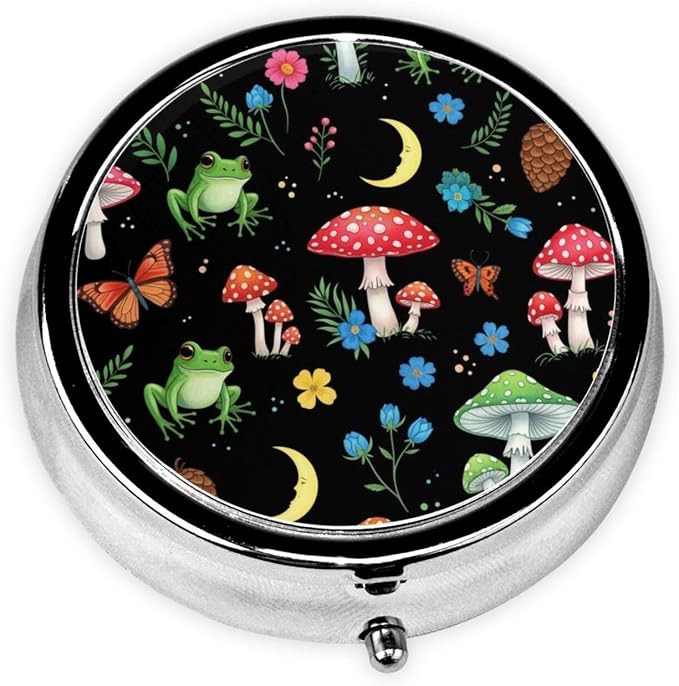 Mini Pill Box, Portable Round Organizer for Daily Vitamins, Travel Pill Case Pocket Purse Use, Waterproof Design for Men Women, Moon Frogs Trippy Mushroom Leaves
