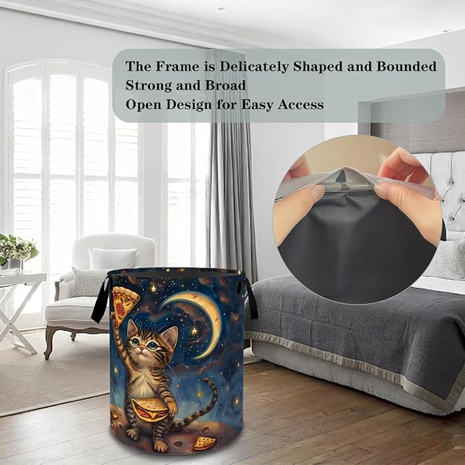 Playful Cat Laundry Basket Hamper, Organizer Bins Gifts for Women Kids, Cute Pizza Moon Foldable Waterproof Clothes Hamper Handles Storage Bucket for Bedroom Bathroom Room Decor 19.7"x15.7"
