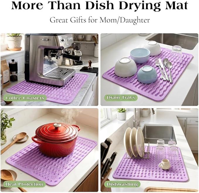 CAKETIME 2 Pack Multicolor Silicone Dish Drying Mat for Kitchen Counter Waterproof Place mats Cooking Appliance Laundry Machine Mat Trays Dryer Rack Drainers Items Extra Large 18"x16" Purple