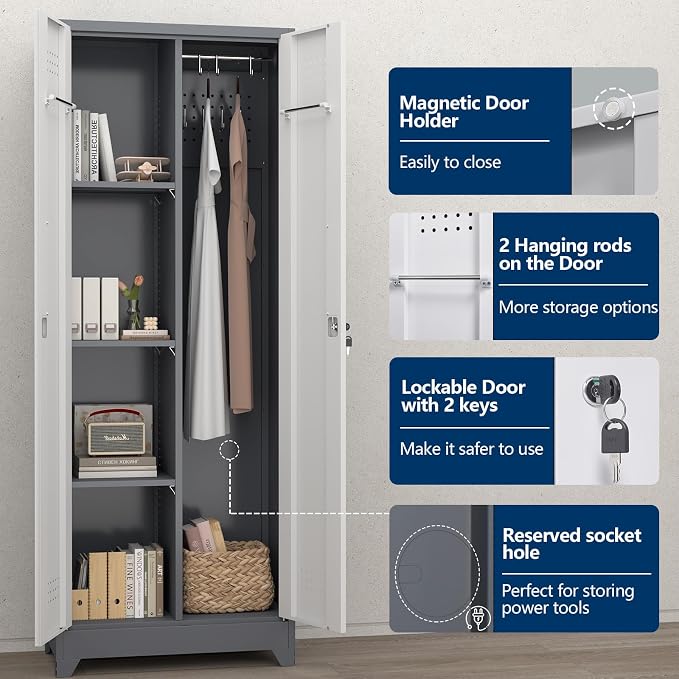 65" H Metal Garage Storage Cabinets with Doors and Shelves, Locking Cabinet, Broom Closet Storage Cabinets with Hanging Rod, Functional Tool Cabinet for Home, Garage, Kitchen