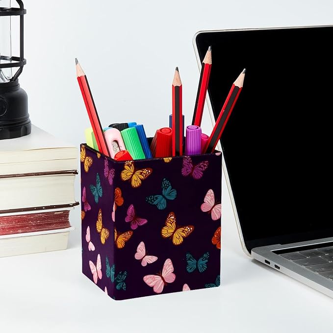 Butterfly Pen Holder for Desk Decor, Rectangular PVC Leather Pencil Cup for Desk Pen Organizer, Makeup Brush Holder for School, Home, Office